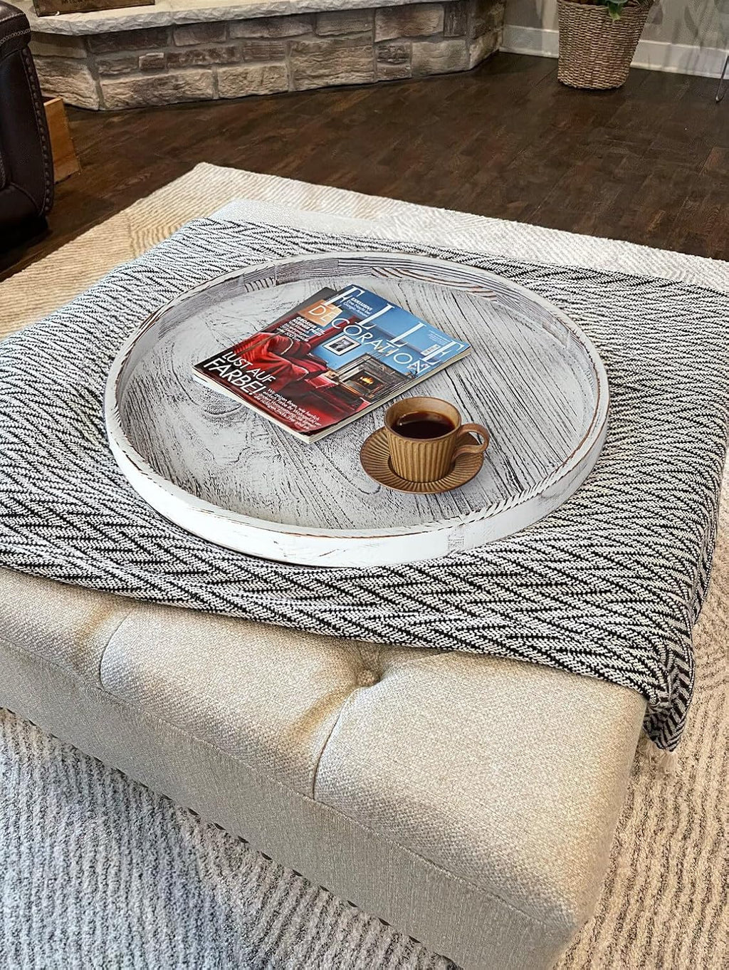 Extra Large Round Ottoman Table Tray Round-24 - Rustic Wooden Serving Tray for Farmhouse Decorative Oversized Coffee Table Trays Living Room Kitchen Counter Breakfast Whitewash