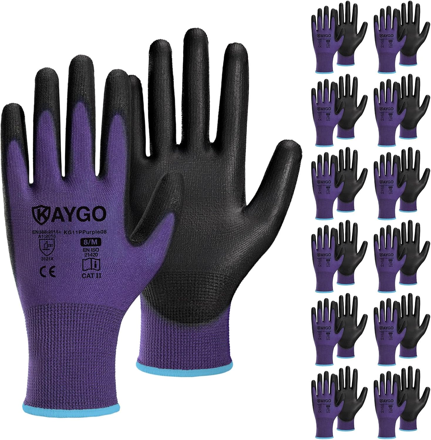 KAYGO Safety Work Gloves PU Coated,12 Pairs KG11PB Seamless Knit Glove for Men and Women, with Smooth Grip on Palm and Fingers, Ideal for General Duty Work (M, Purple)