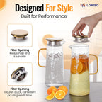 Glass Water Pitcher with Stainless Steel Lid, 2 Pack, 50 oz 1.5L - Borosilicate Glass Jug, Heat Resistant Carafe with Filter, Golden Vintage Design
