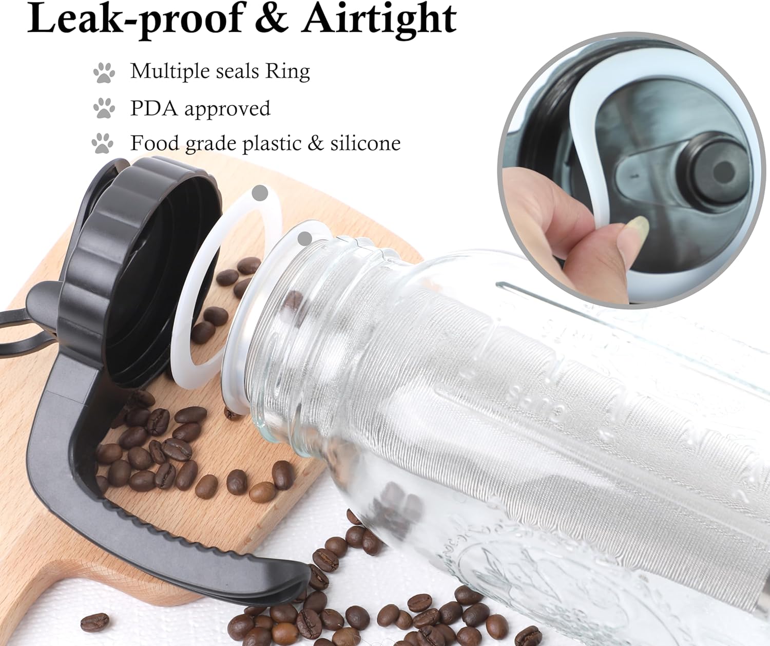 Cold Brew Coffee Maker Half Gallon 2 Set Glass Mason Jar Pitcher With Spout Lid Filter 2 Quart Wide Mouth Iced Tea Brewing Jug Heavy Duty Handle Airtight & Leak-Proof Pitcher For Fridge Sun Tea 64 OZ