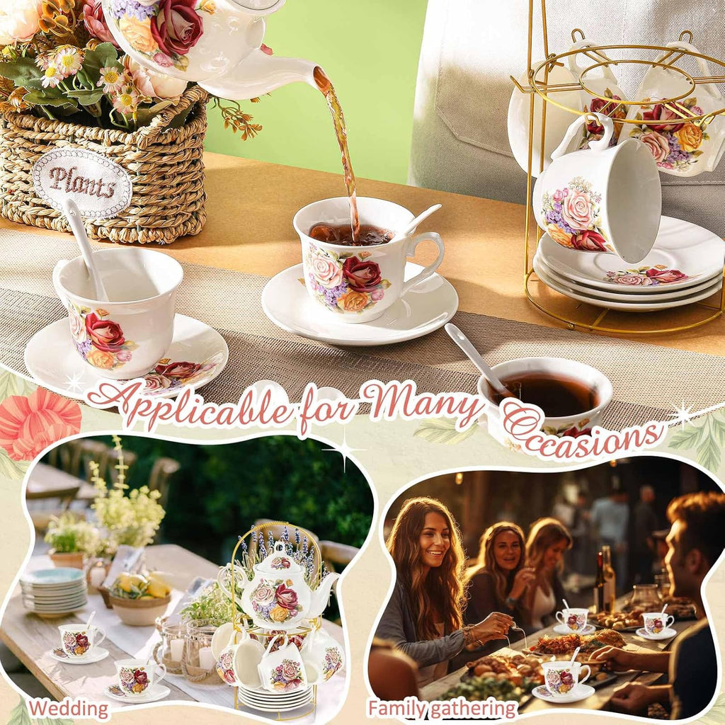 Zhehao 20 Pcs Porcelain Tea Set with Metal Holder and Spoon Adult Ceramic Tea Party Set European Flower Painting Teapot Cup Saucer Spoon for Women, Large Version (Styleish Style)
