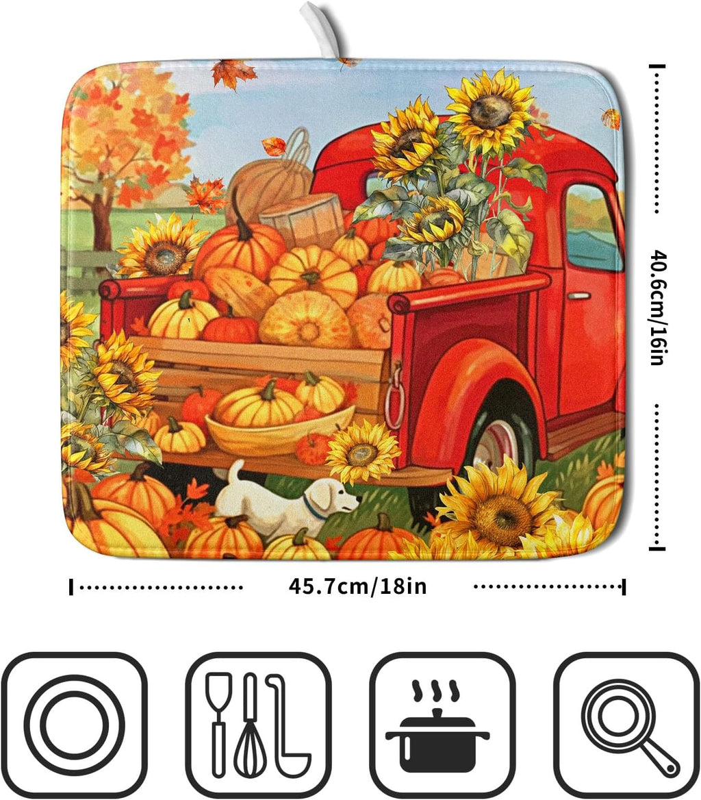 Autumn Pumpkin Red Truck Dish Drying Mat for Kitchen Counter,Fall Leaves Sunflower Cue Dog Harvest Drying Mat 16 x 18 Inch Microfiber Dish Drying Pad Dish Rack Drainer Mat for Coffee Bar