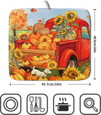 Autumn Pumpkin Red Truck Dish Drying Mat for Kitchen Counter,Fall Leaves Sunflower Cue Dog Harvest Drying Mat 16 x 18 Inch Microfiber Dish Drying Pad Dish Rack Drainer Mat for Coffee Bar