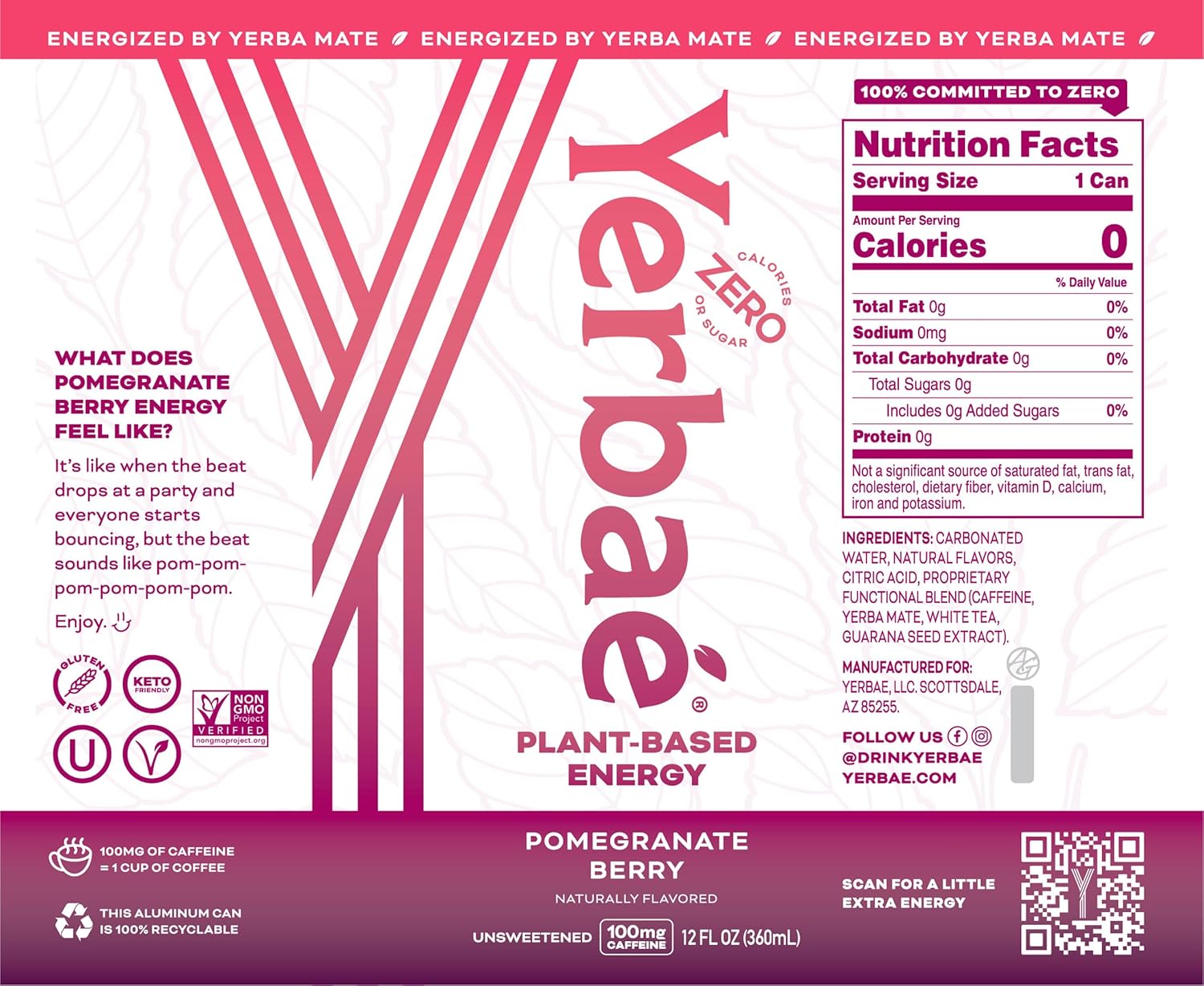Yerbaé Energy Seltzer - Pomegranate Berry, No Sugar/Calories/Carbs. Energized by Yerba Mate, Naturally Caffeinated Plant-Based, Healthy Alternative to Coffee, Sugary Sodas, Pack of 12, 12oz cans