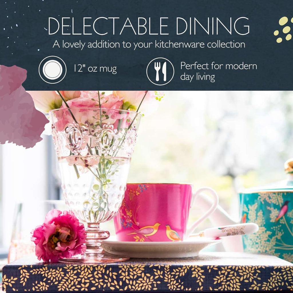 Portmeirion Sara Miller Chelsea 12oz Tea Cup, Pink - Fine China Coffee Mug with Hummingbirds Motif - Elegant Tea Party Cup for Afternoon Tea Moments - Great Gift for Her/Mother