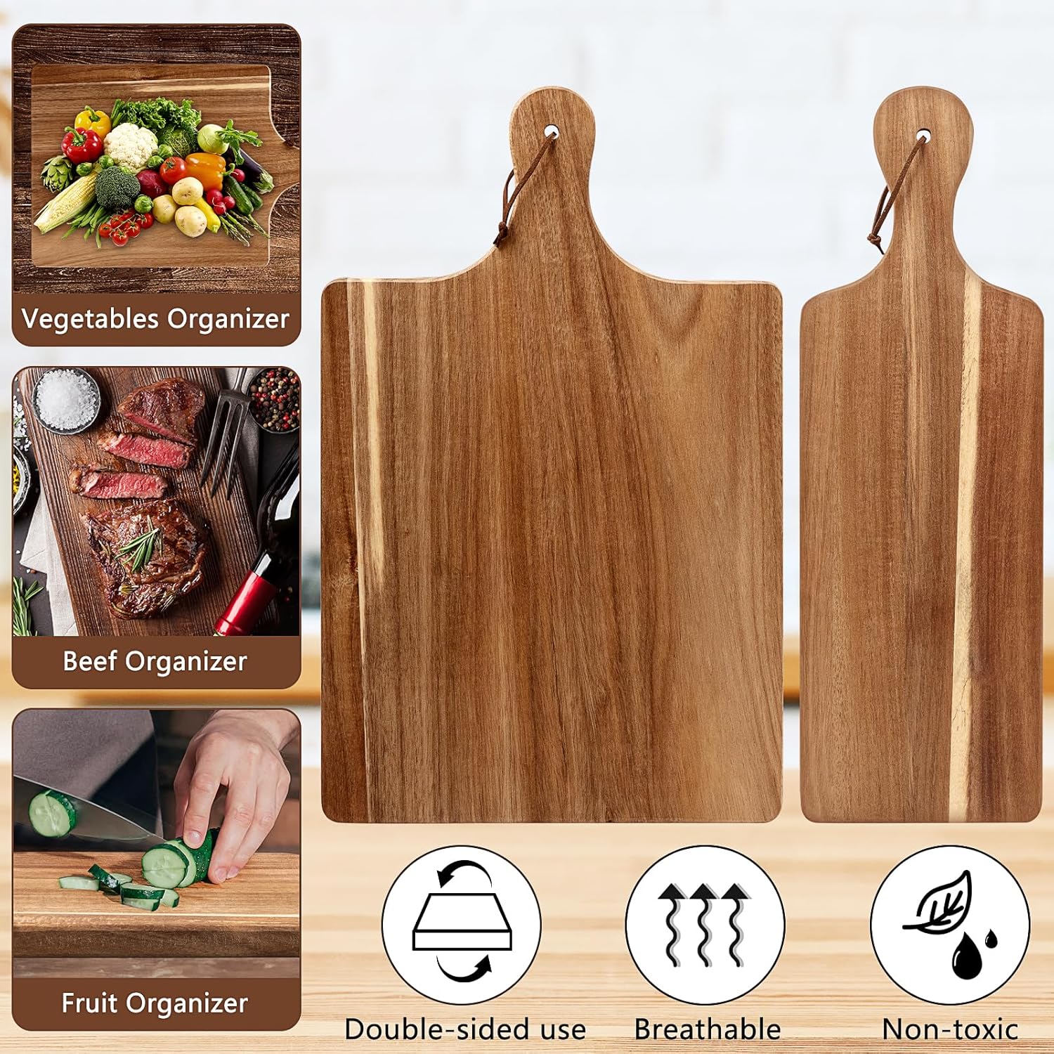 12 Pack Acacia Wood Cutting Board,Bulk Charcuterie Boards Chopping Board with Handle 15.7 x 9.8 Inch & 15.7 x 5.1 Inch, Wooden Boards for Serving Food Cheese Pizza Bread Fruit Meat