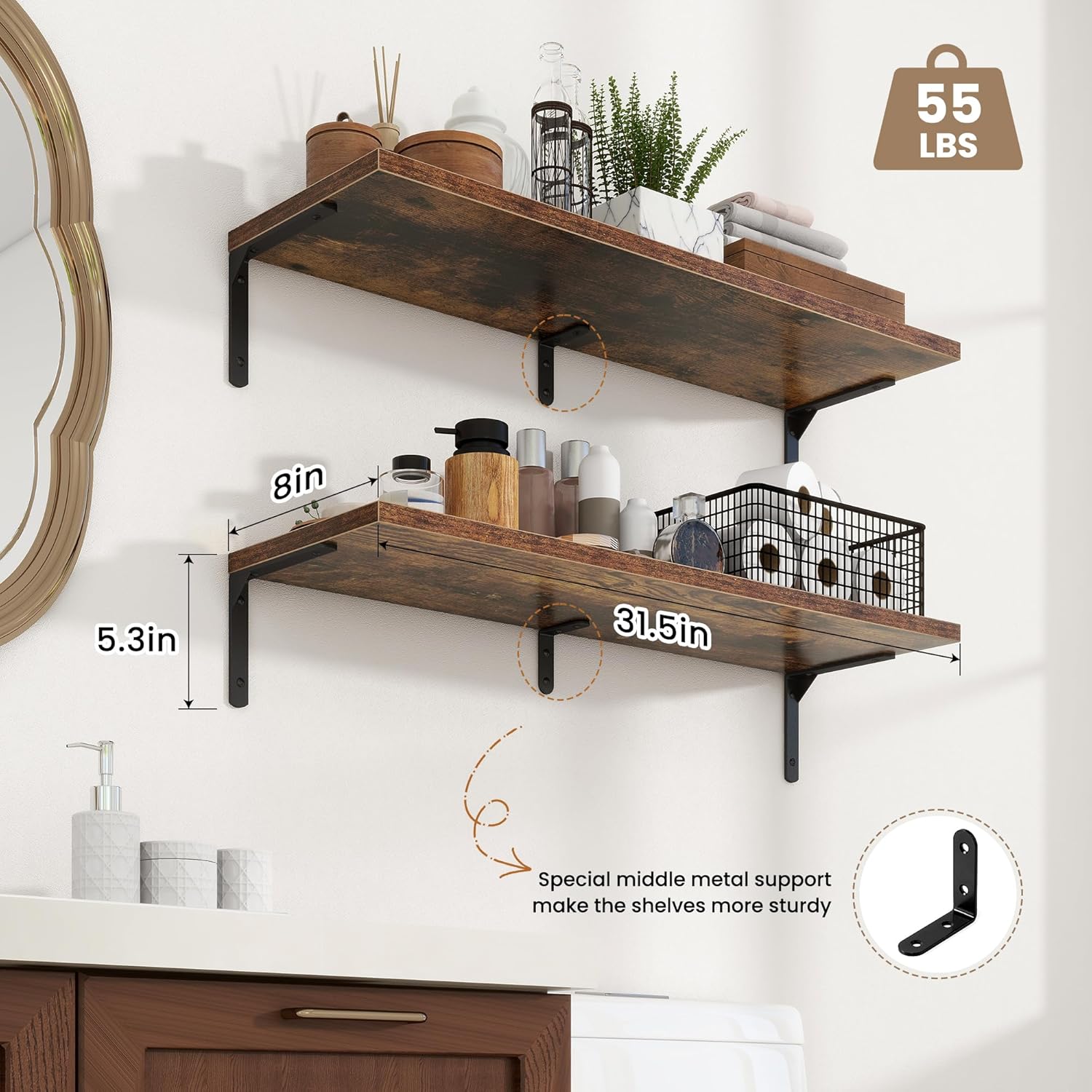 Fun Memories Deep Floating Shelves, 32W x 8D Floating Shelves Set of 2, Wall Mounted Shelf with Metal Brackets, Rustic Wood Wall Shelf for Bathroom, Kitchen and Living Room, Rustic Brown