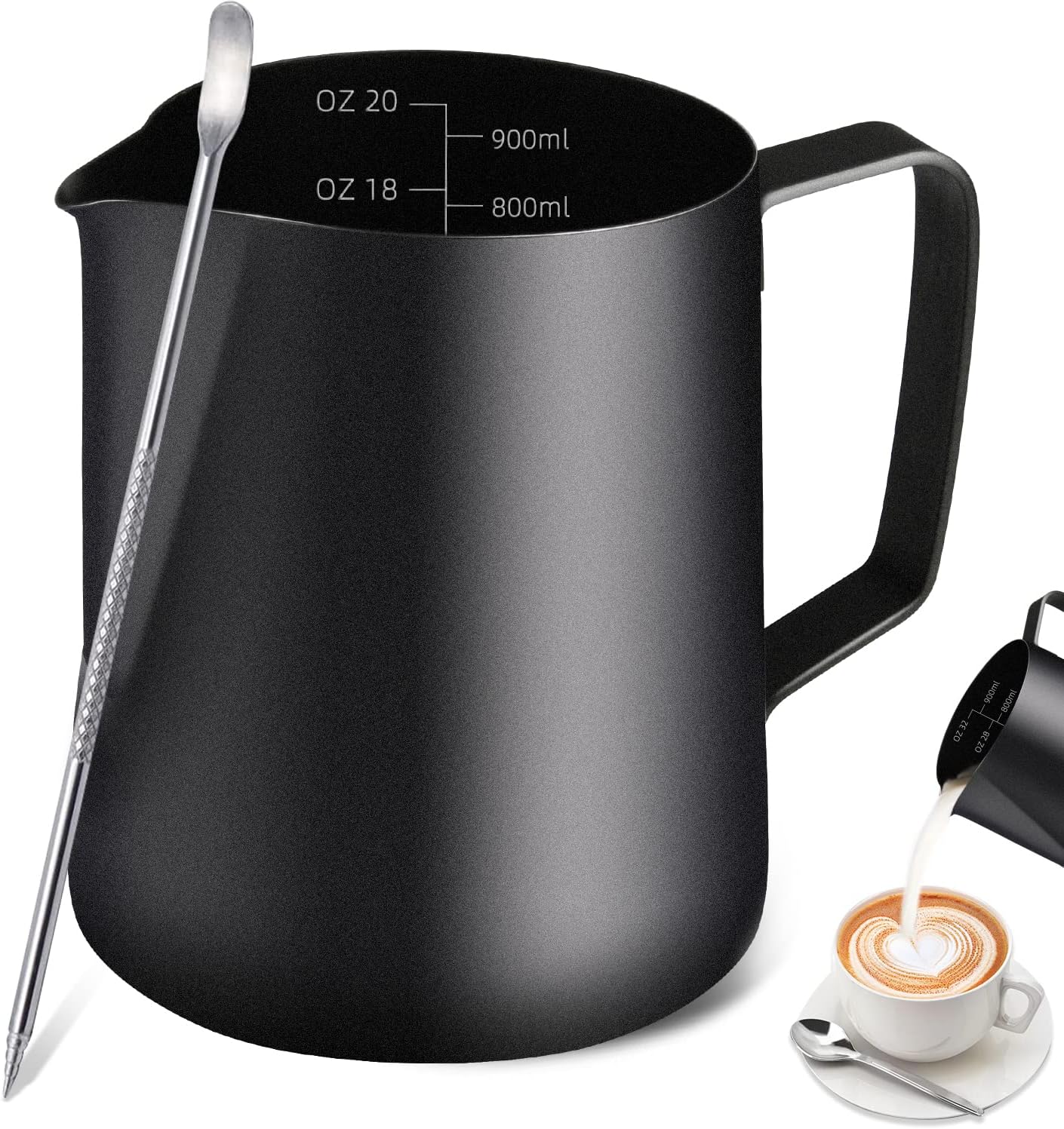 Milk Frothing Pitcher, Stainless Steel Espresso Steaming Pitcher 320Z/900ML Coffee Milk Frother Cup with Decorating Art Pen for Espresso Machine, Milk Frother, Latte Art Black