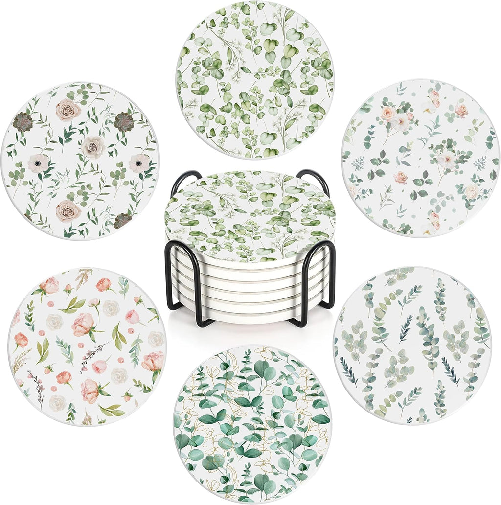 Table Coaster for Drinks Set of 6, Eucalyptus Leaf Flower Watercolor Round Ceramic Coasters,with Cork Base and Metal Holder,Great Housewarming Birthday Gifts,Home Decor