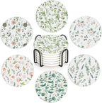 Table Coaster for Drinks Set of 6, Eucalyptus Leaf Flower Watercolor Round Ceramic Coasters,with Cork Base and Metal Holder,Great Housewarming Birthday Gifts,Home Decor
