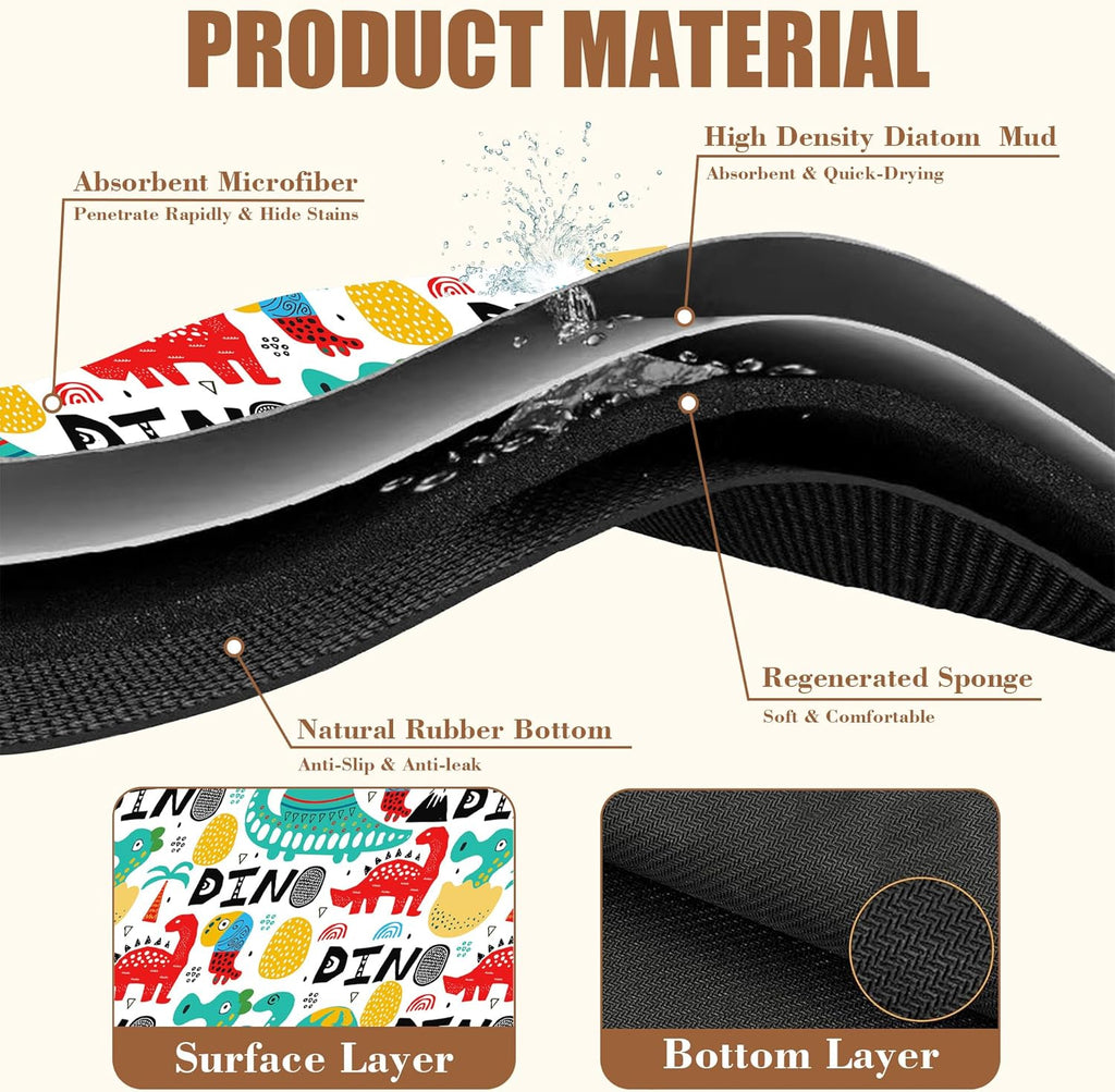 Dinosaur with Palms and Eggs Coffee Mat Absorbent Dish Drying Mat for Kitchen Counter Hide Stain Rubber Backed Coffee Bar Accessories Fit Under Coffee Maker Espresso Machine, 11.8 x 19.7 Inch