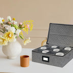 homyfort Mug Coffee Storage Box with Dividers - Stackable Glass China Storage Containers Hard Shell with Lid, Label and Handles, Holds 12 Coffee Mugs and Tea Cups (Dark Grey)