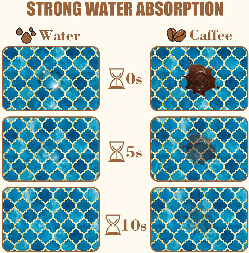 Dish Drying Mat Blue Moroccan Tile Coffee Bar Mat for Countertop Absorbent Hide Stain Rubber Backed Dish Drainer Rack Pad Espresso Machine Table Accessories Dining Room Decor 11.8 x 19.7 Inch