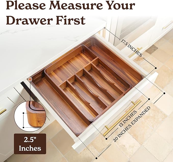 SMIRLY Silverware Drawer Organizer – Bamboo Kitchen Drawer Organizer, Adjustable Utensil Holder and Cutlery Tray, Drawer Dividers for Flatware and Kitchen Utensils