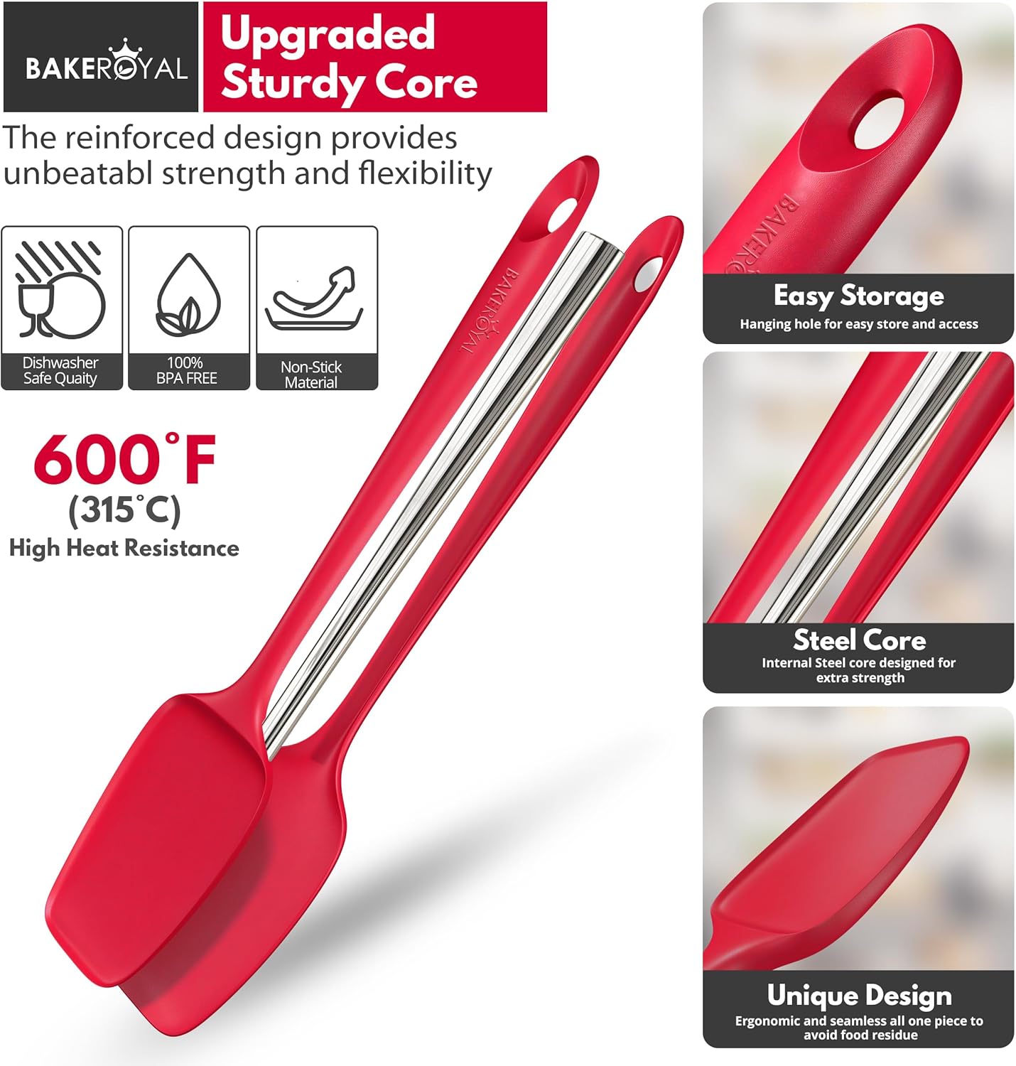 Silicone Spatula Set - 4-Piece Rubber Spatulas Silicone Heat Resistant 600°F for Everyday Task - Seamless Design Kitchen Spatulas for Nonstick Cookware - Red