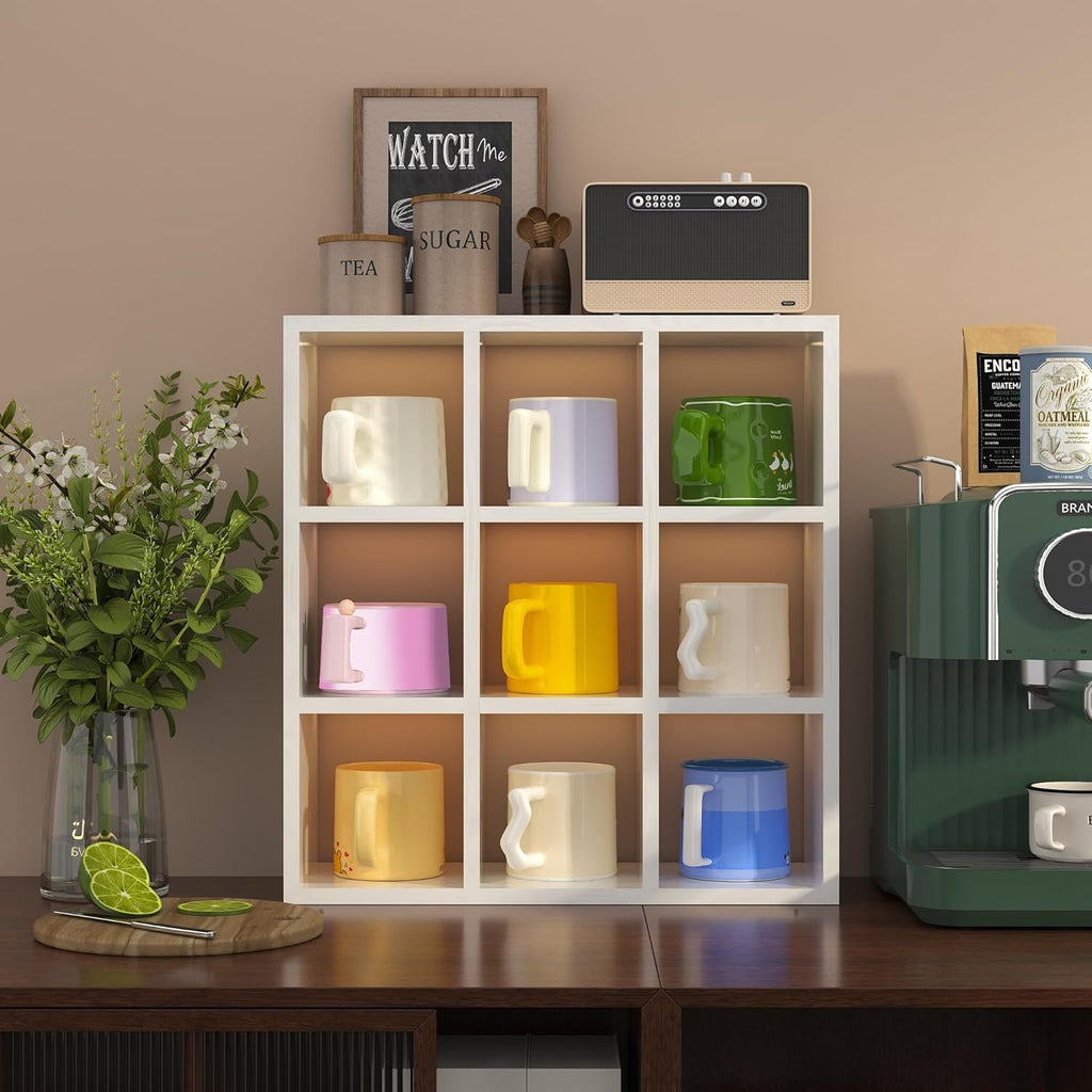 Helsin 9 Grid Vintage Coffee Mug Display Rack, 16inch Wall Mounted Wooden Curio Shadow Box Shelf, Cup Floating Shelves Display and Organizer (White)