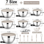 E-far Mixing Bowls with Lids Set, 21PCS Stainless Steel Mixing Salad Bowls with 3 Grater Attachments, Size 7, 4.6, 3.5, 2.6, 2, 1.5, 1QT, Nesting Design & Khaki Airtight Lid, For Baking/Prepping