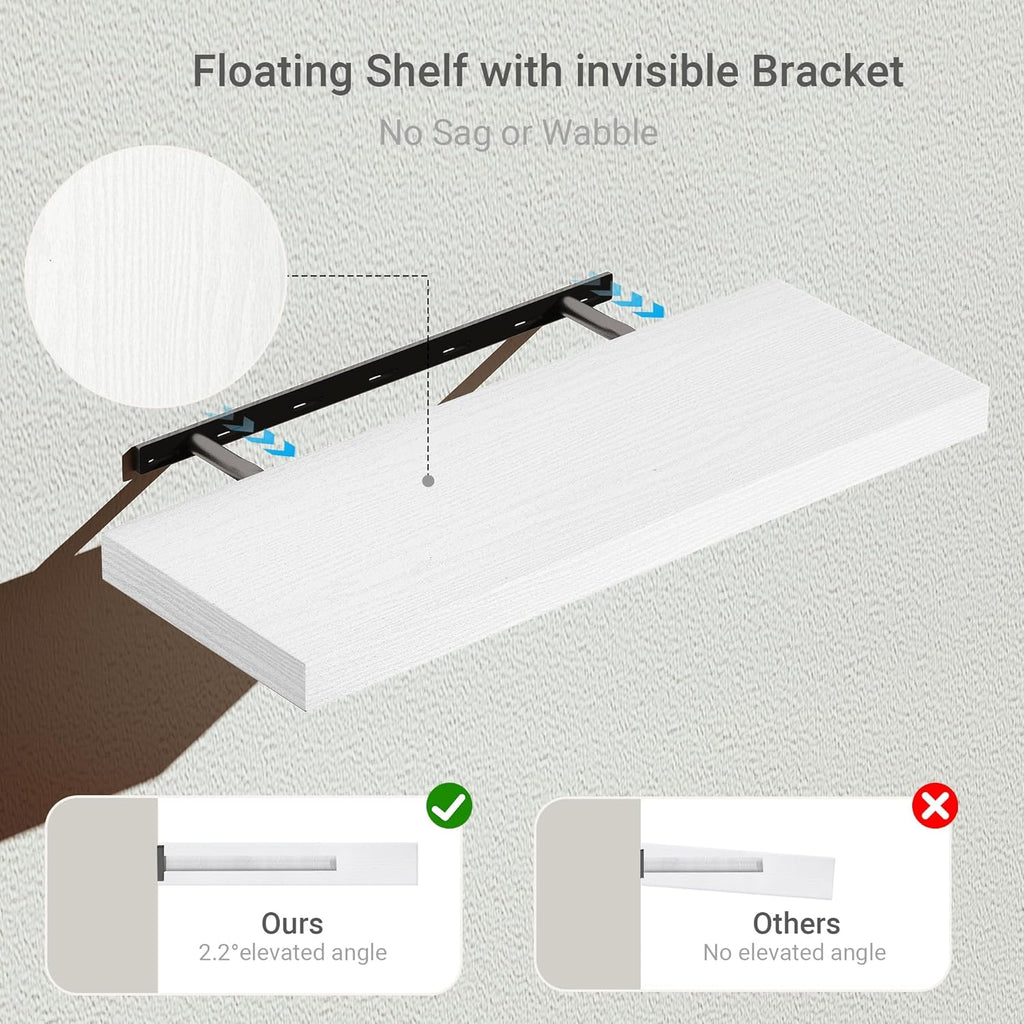 Vivelove Floating Shelves for Wall 24 inchs Long, 9.1” deep x 1.6” Wall Shelf for Bedroom, Bathroom, Living Room, Kitchen, Office Home Decor, Deep Wood Shelves with Invisible Brackets, Set of 2 White