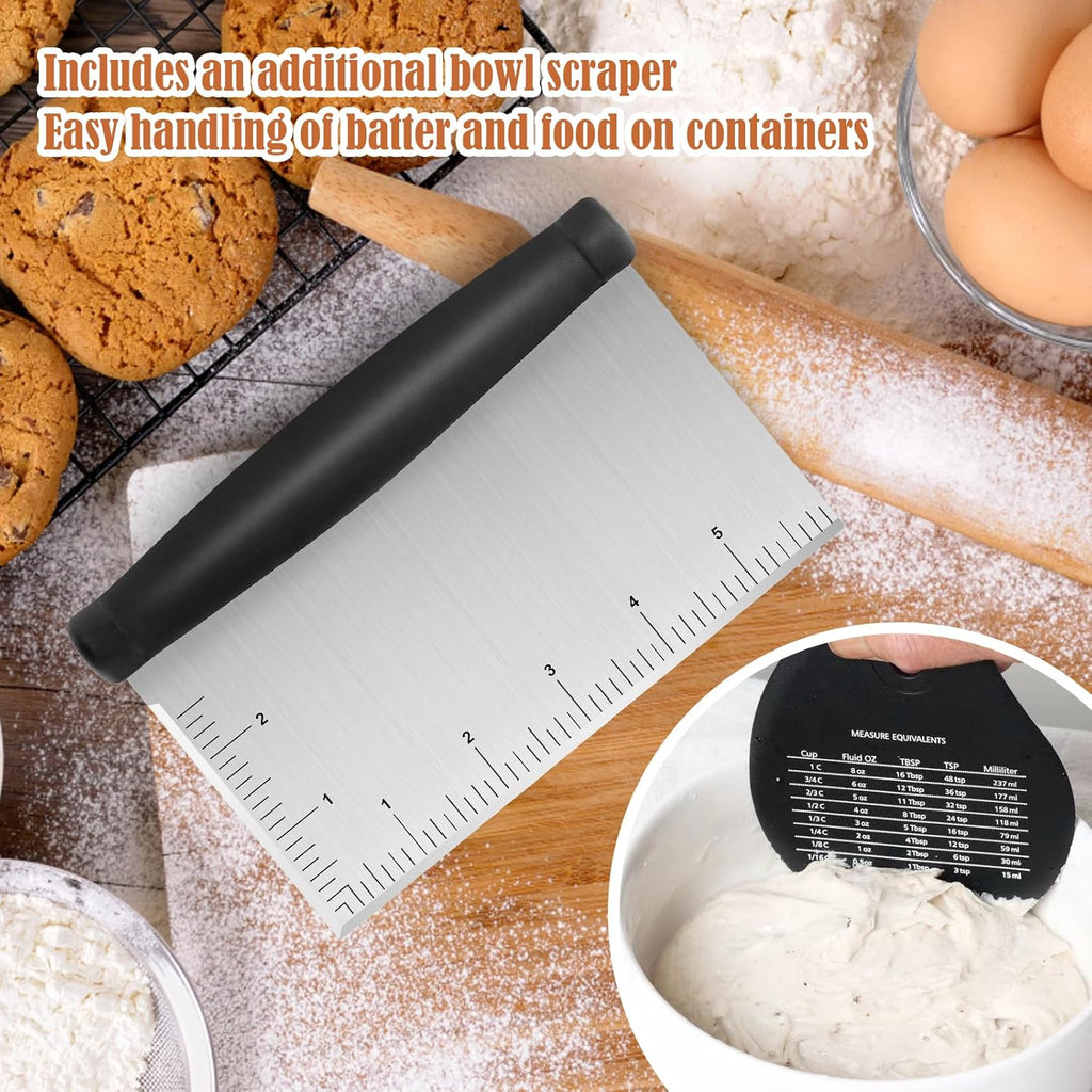 Stainless Steel Dough Scraper & Chopper - 6 Inch Multi-Purpose Kitchen Tools with Measuring Markings, Cutter for Dough, Cake,Griddle Scraper,Bench Scraper and Extra Bowl Shaped Scraper