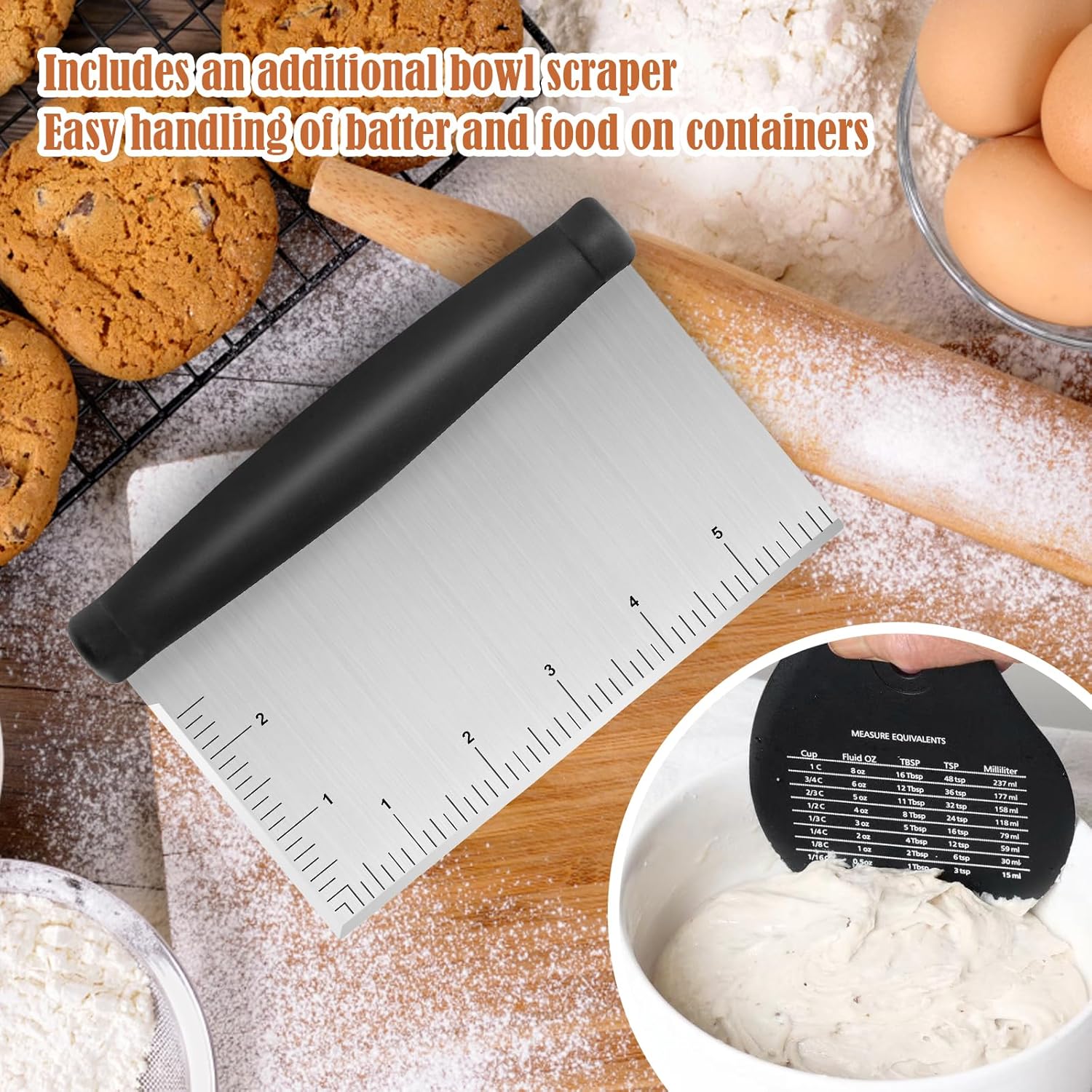 Stainless Steel Dough Scraper & Chopper - 6 Inch Multi-Purpose Kitchen Tools with Measuring Markings, Cutter for Dough, Cake,Griddle Scraper,Bench Scraper and Extra Bowl Shaped Scraper
