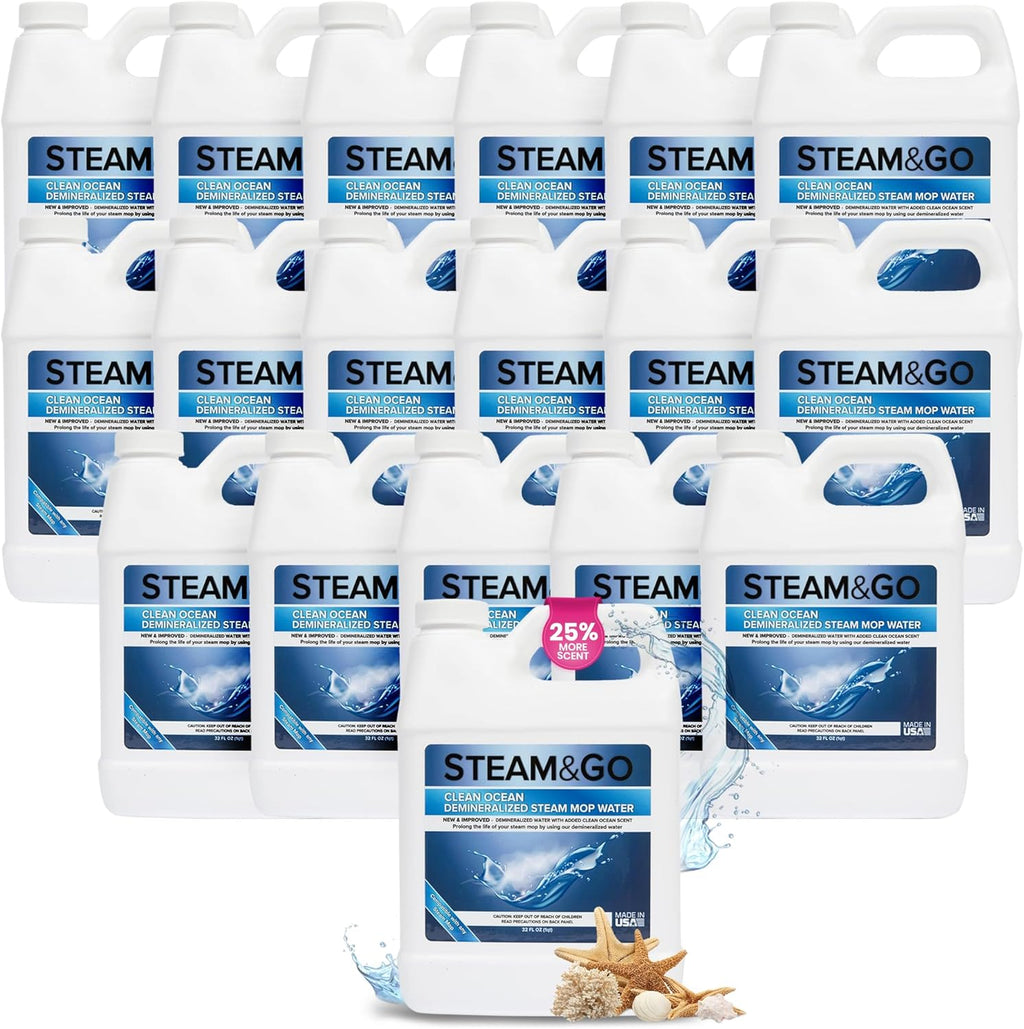 Steam & Go Demineralized Water - Multisurface Cleaner, PVC-Free Ready-to-Use for Mops & Floor Steamers - Ideal for Kitchen, Bathroom, & Home Surfaces - Clean Ocean Scent - 32oz (Pack of 18)