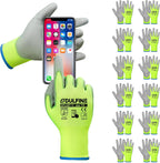Safety Work Gloves PU Coated for Men and Women-12 Pairs,Hi-Vis Yellow Seamless Knit Glove with Two Fingers Touchscreen,Ideal for General Duty Work (Small)