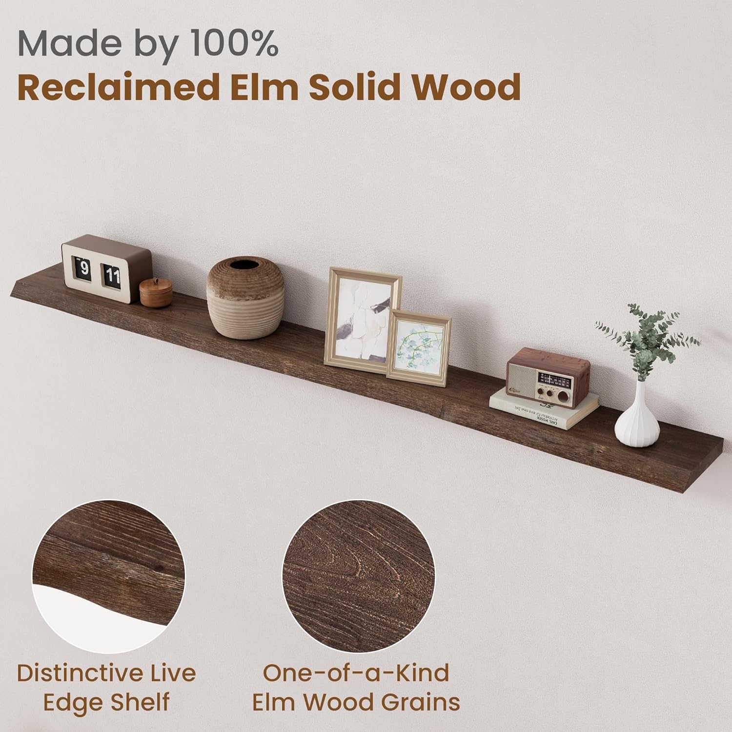 Floating Shelves for Wall Decor, Rustic Solid Elm Wood Live Edge Floating Shelves Wall Mounted, Wall Shelves with Invisible Bracket for Living Room Bathroom Bedroom Kitchen, 72 Inch, Walnut