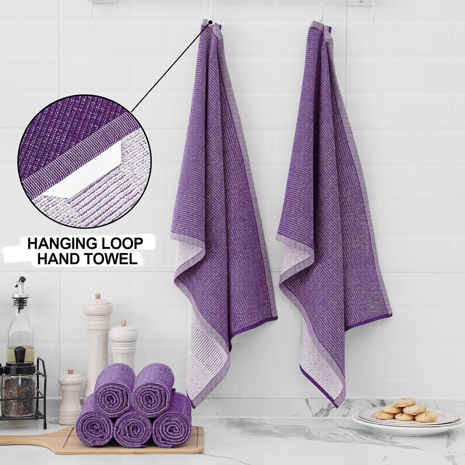 Homaxy Premium Kitchen Towels(18”x 28”, 8 Pack), Large Cotton Kitchen Hand Towels, Flat and Terry Dish Towels, 380 GSM Highly Absorbent Tea Towel Set with Hanging Loop, Purple