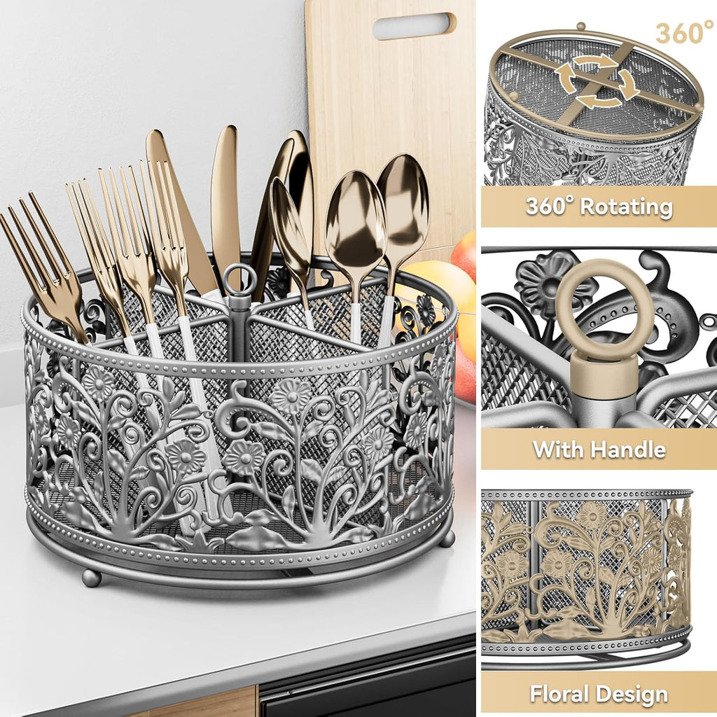 360° Rotating Utensil Caddy - Silverware Cutlery Caddy Holder with 4 Compartment, Metal Flatware Organizer Countertop with Handle for Party Camping Picnic, Kitchen Counter, Office (Silver)