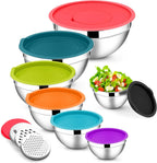 E-far Mixing Bowls with Lids Set, 7-Piece Stainless Steel Mixing Bowls with 3 Grater Attachments, Size 4.6, 3.5, 2.6, 2, 1.5, 1, 0.7QT, Nesting Design & Colorful Airtight Lid, For Baking/Prepping