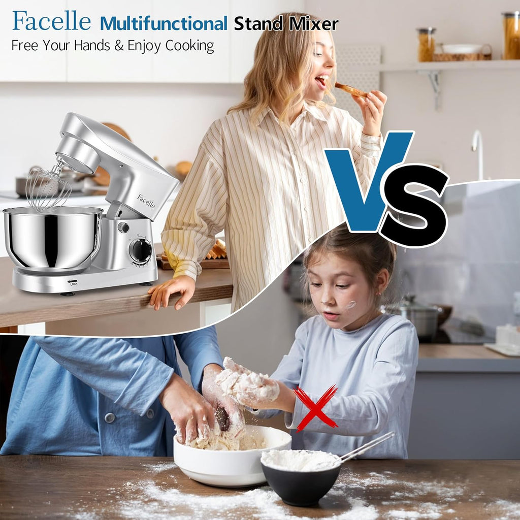 Facelle Stand Mixer, 10-Speed 6QT Kitchen Electric Mixer, Tilt-Head Food Mixer with Beater, Dough Hook, Wire Whip and Egg Separator, scraper for Most Home Cooks - Silver