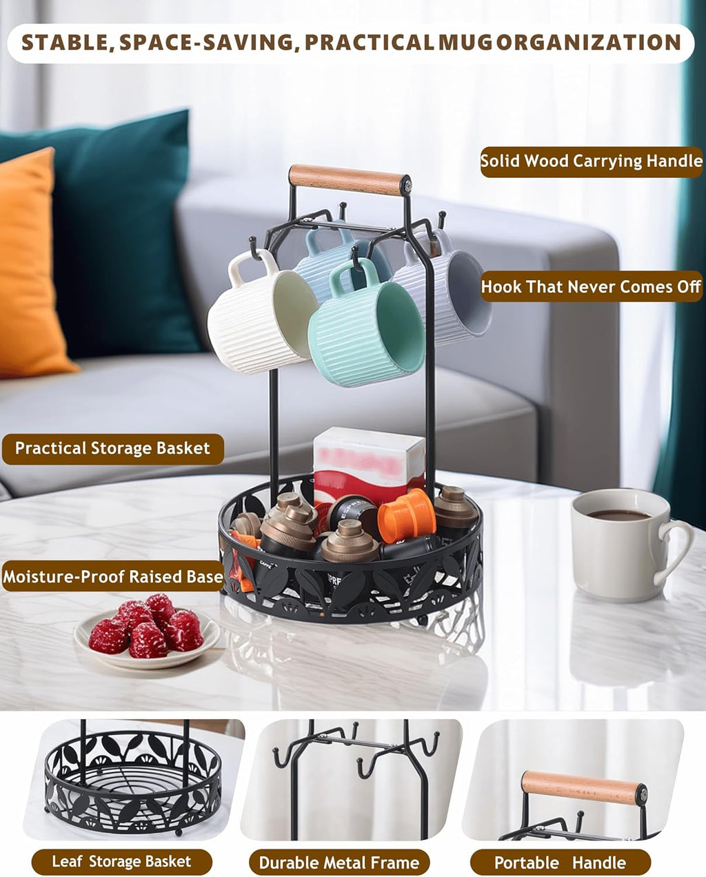 Mug Holder for Countertop, 2-in-1 Mug Tree for Large Mugs & Coffee Cup Stand with Storage Basket - Mug Rack & Organizer for Coffee Bar Accessories