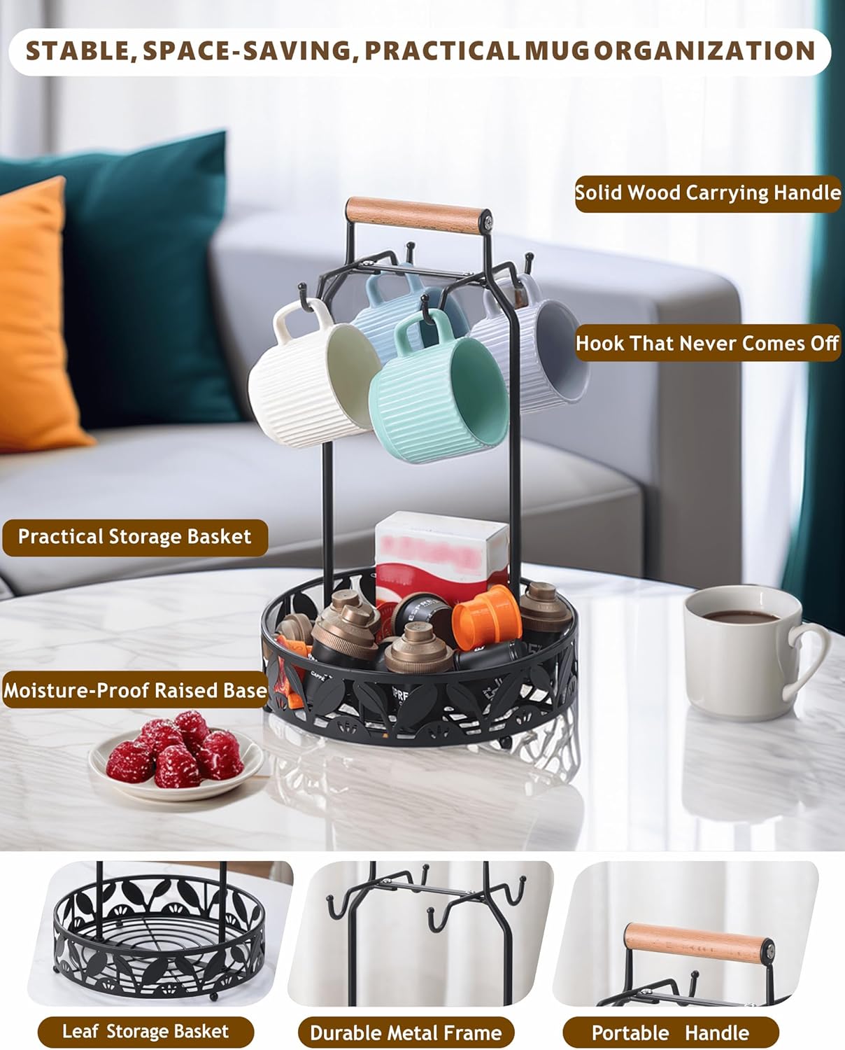 Mug Holder for Countertop, 2-in-1 Mug Tree for Large Mugs & Coffee Cup Stand with Storage Basket - Mug Rack & Organizer for Coffee Bar Accessories