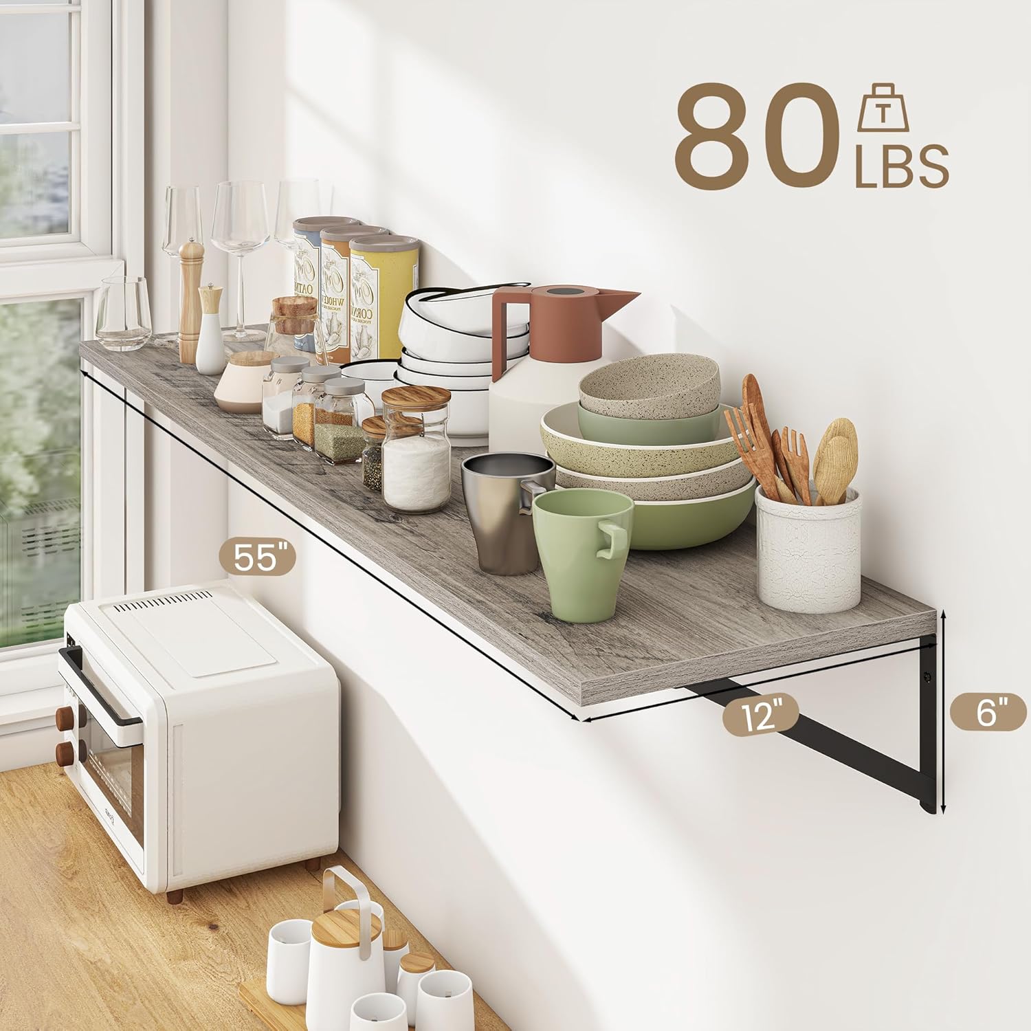 Dreamland Floating Shelves for Wall, 12 Inch Deep Floating Shelves Set of 2, 55W x 12D Large Wall Shelf with Sturdy Metal Brackets for Living Room, Bathroom, Bedroom and Kitchen, Grey