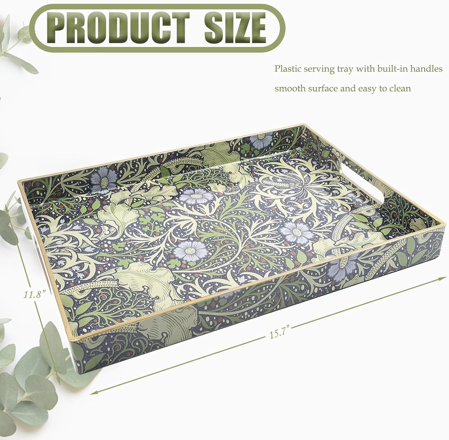 Spsyrine Serving Tray with Handles, Plastic Decorative Tray for Coffee Table, Living Room, Home Decor, Seaweed