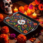 Oasis Choice 2-Pack Day of the Dead Bamboo Fiber Serving Trays - 18x13 Inch Extra Large w/Handles for BBQ, Picnic, Party - Durable Lightweight Serving Platters - Sugar Skull and Marigold Decor (Black)