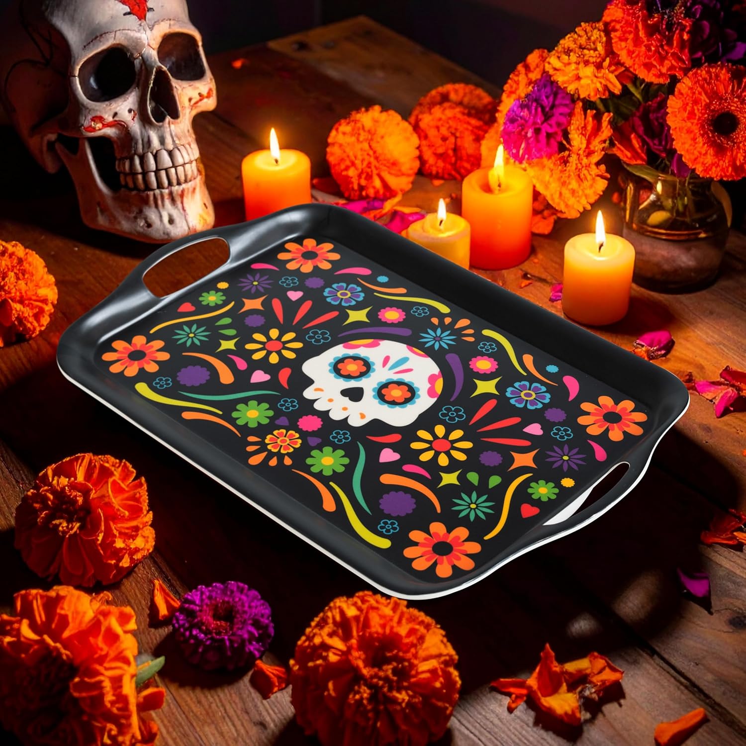 Oasis Choice 2-Pack Day of the Dead Bamboo Fiber Serving Trays - 18x13 Inch Extra Large w/Handles for BBQ, Picnic, Party - Durable Lightweight Serving Platters - Sugar Skull and Marigold Decor (Black)