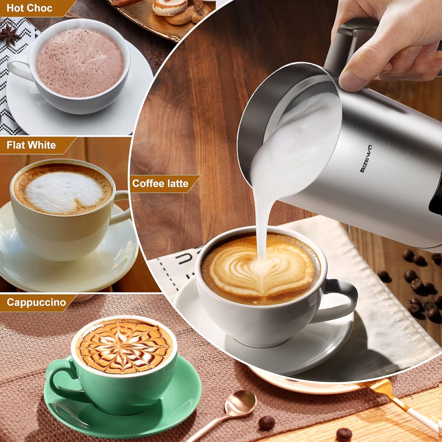 BIZEWO Milk Frother Electric, Warm and Cold Milk Steamer, 4 IN 1 Automatic Milk Warmer Stainless Steel with Touch Screen for Coffee, Latte, Macchiato, Cappuccino, Hot Chocolate