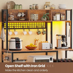 Itaar 47.2 Inch Bakers Rack with Power Outlet, Microwave Stand with Storage, Farmhouse Coffee Bar Cabinet Station with Wine Rack, Iron Grid and 8-S Hooks (Rustic Brown)