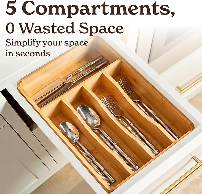 SMIRLY Silverware Drawer Organizer – Bamboo Kitchen Drawer Organizer, Adjustable Utensil Holder and Cutlery Tray, Drawer Dividers for Flatware and Kitchen Utensils