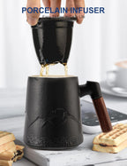 suyika Tea Cup with Infuser and Lid, 15.2 Ounce Wood Handle Ceramic Loose Leaf Mug Gradient Black 450ml