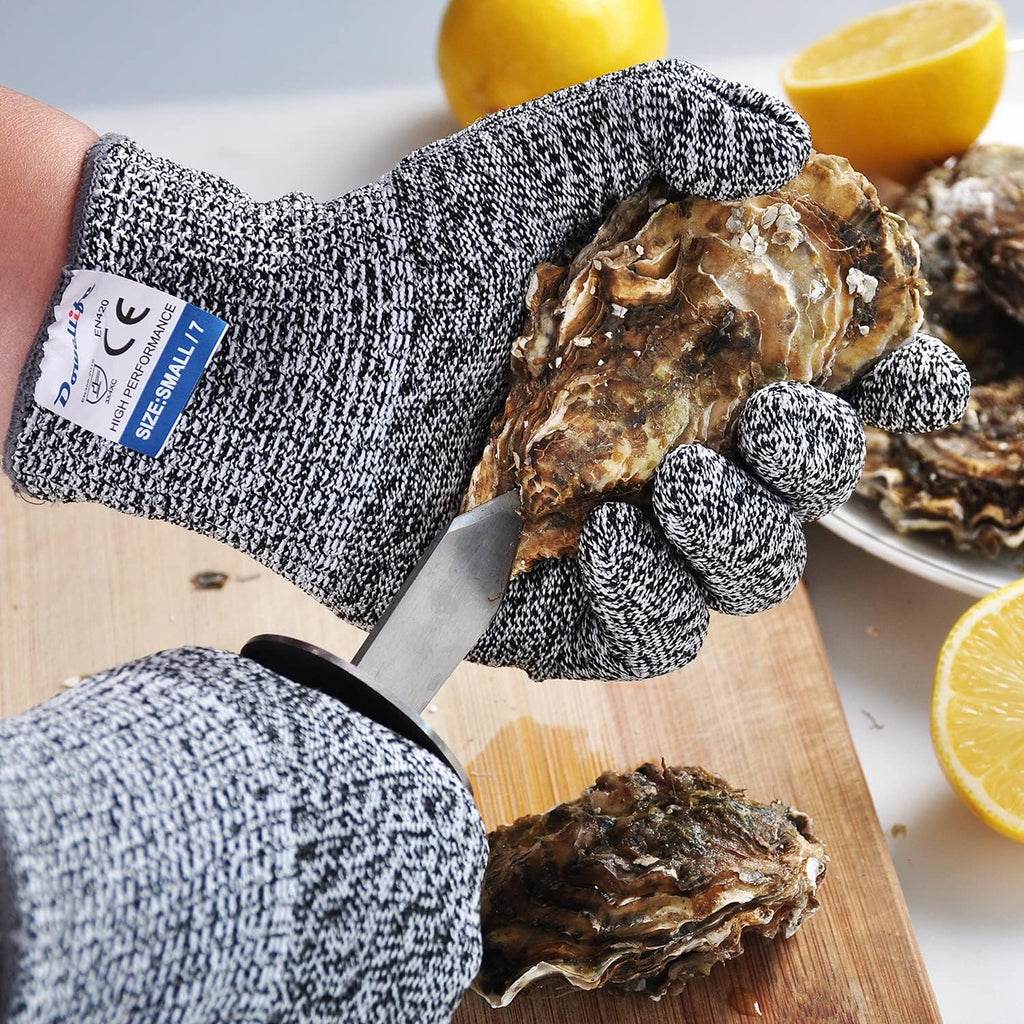 Dowellife 3 Pairs Cut Resistant Gloves Food Grade Level 5 Protection, Safety Kitchen Cuts Gloves for Mandolin Slicing, Fish Fillet, Oyster Shucking, Meat Cutting and Wood Carving (Black Gray, X-Large)