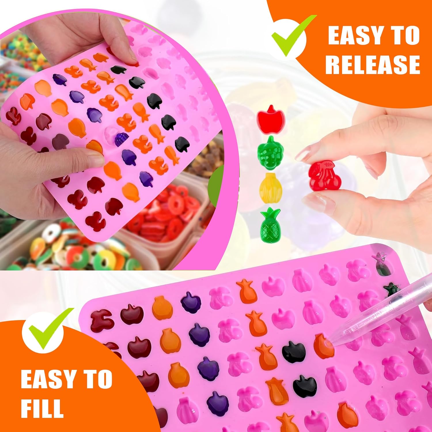 Set of 8 Fruit Snack Molds Silicone Bpa Free, Gummy Molds Trays for Candy Chocolate Gummies Baking - with 2 Dropper & 2 Cleaning Brush(Cherries Grape Banana Apple Pineapple)