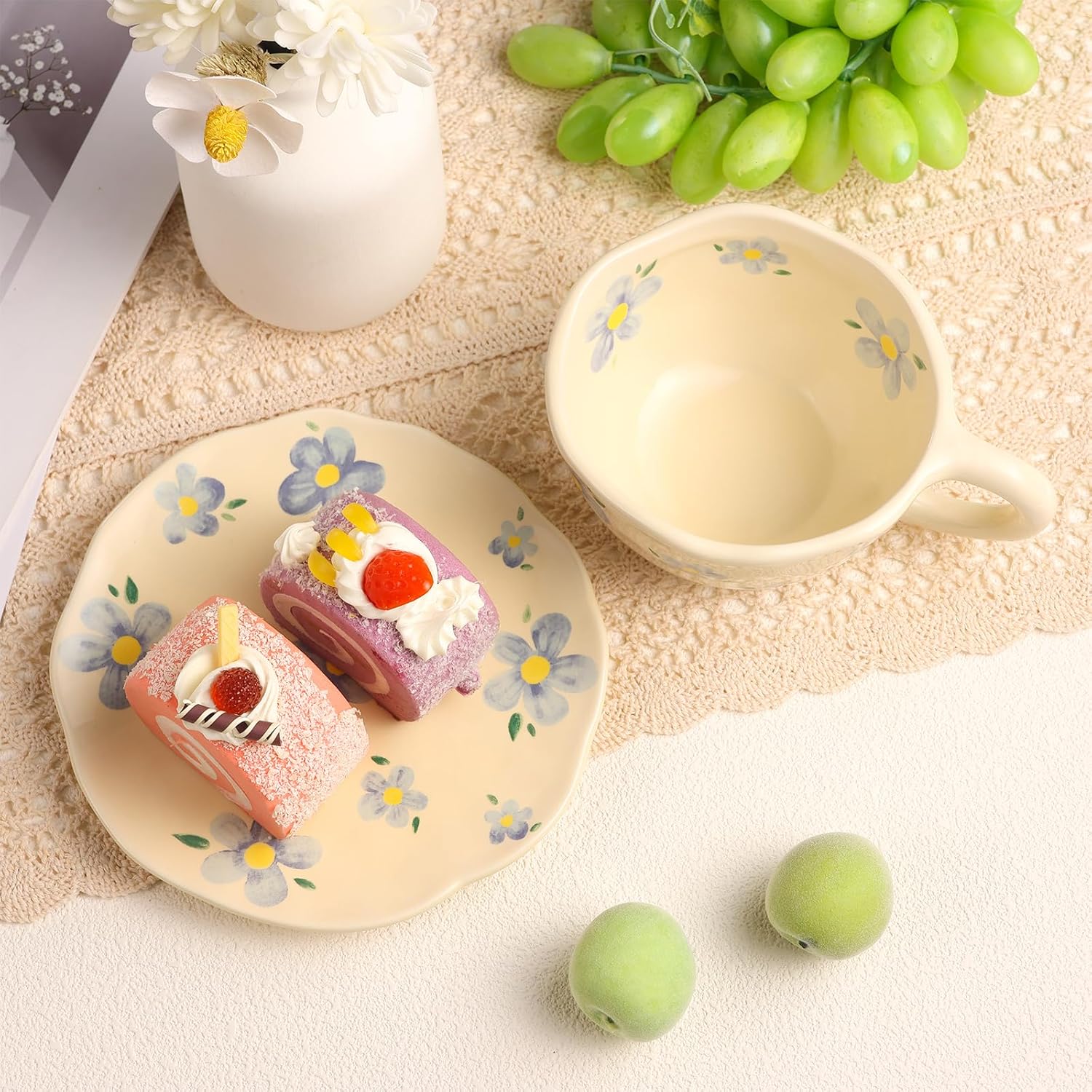 Cappuccino Cups with Saucers 8 oz Latte Art Cup Ceramics Coffee Mugs Irregular Aesthetic Flower Cups for Espresso, Double Shot, Americano, Latte, Tea - Microwave and Dishwasher Safe (Blue Flowers)