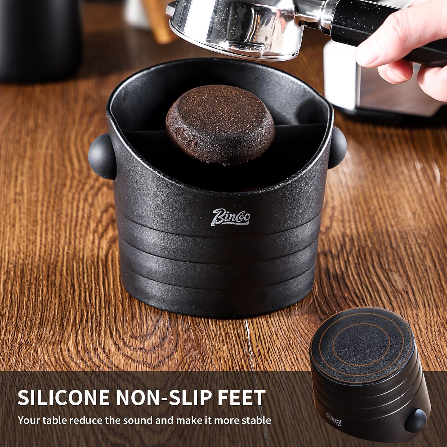 Bincoo Mini Coffee Knock Box 4.5 Inch - Espresso Accessories for Coffee Grounds Container - Multifunctional, Suitable for Home & Bar(Black)