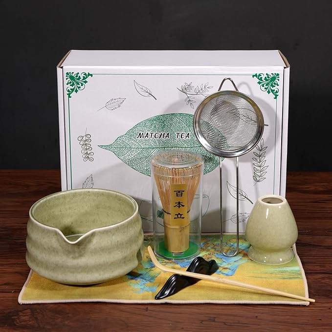 7 Pcs Matcha Whisk Set, Matcha Bowl with Spout, Matcha Whisk and Holder, Bamboo Scoop with Holder, Stainless Sifter and Tea Towel, Japanese Matcha Ceremony Set for Authentic Tea Powder & Home Rituals