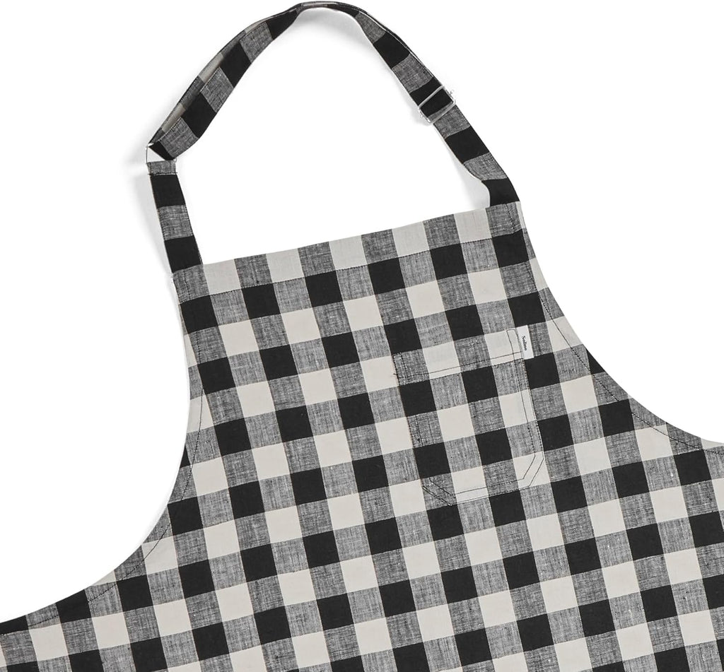 Solino Home Linen Bib Apron for Men & Women - Black and Cream Kitchen Apron with Front Pockets - Handcrafted from European Flax