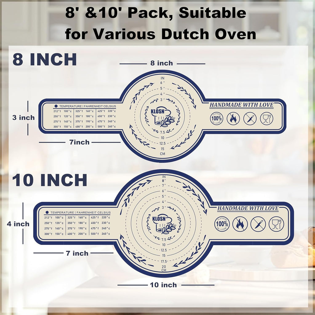 Silicone Bread Sling for Dutch Oven, 2 Pack (8" & 10" Round) – Non-Stick & 500°F Heat Resistant Sourdough Mat, Easy to Clean, Reusable Food-Grade Sourdough Slings - Fits 5–7 qt Dutch Ovens
