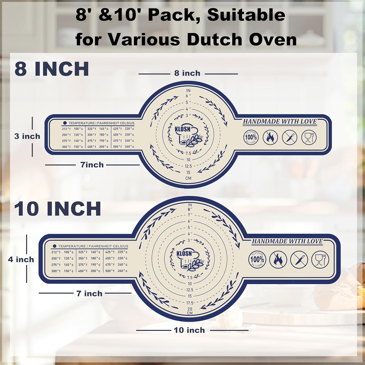 Silicone Bread Sling for Dutch Oven, 2 Pack (8" & 10" Round) – Non-Stick & 500°F Heat Resistant Sourdough Mat, Easy to Clean, Reusable Food-Grade Sourdough Slings - Fits 5–7 qt Dutch Ovens