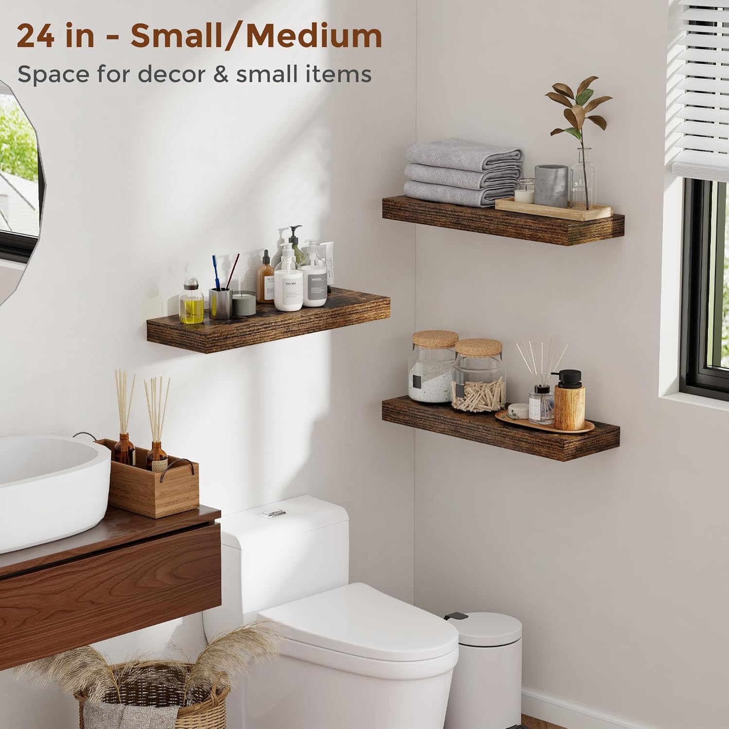 Heimlove 48 Inch Floating Shelves for Wall 8 Inch Deep Rustic Brown Shelves Set of 2,Wall Mounted Rustic Wood Long Floating Shelf，Large Display & Storage Shelf with Invisible Brackets